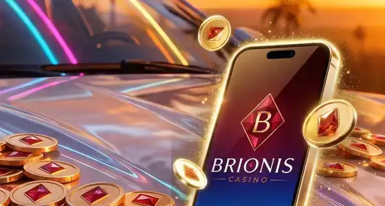 Aplikacja Brionis Casino na telefonie: ekran z logo i żetonami