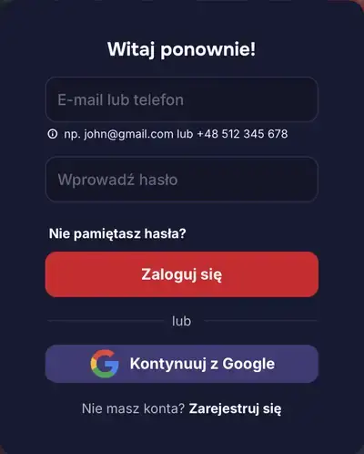 Okno logowania Brionis Casino: e-mail lub telefon, hasło, link Nie pamiętasz hasła, przycisk Zaloguj się, logowanie przez Google