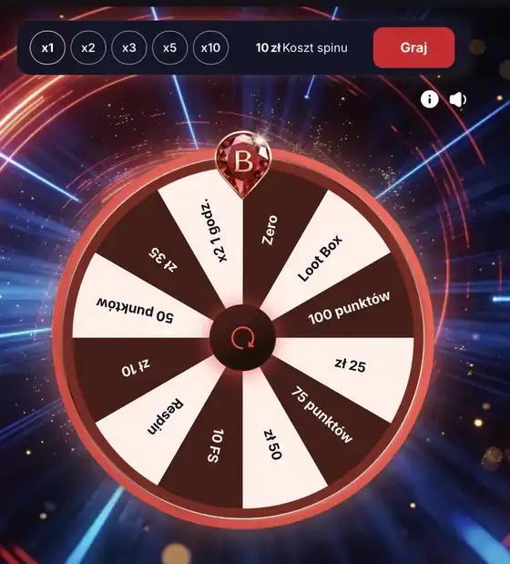 Koło Fortuny Brionis Casino: 12 pól, koszt spinu 10 zł, mnożniki x1 do x10, przycisk Graj